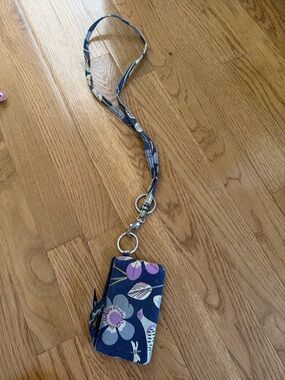 Vera Bradley Navy Floral Lanyard Card Holder with Pink, Purple and Cream Accents